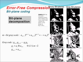 Error-Free Compression
Bit-plane coding
Binary Bit-planes Gray Bit-planes
11
1
0121
0
0
2
2
1
1
20
:
222:
−−
+
−−
−
−
−
−
=
−≤≤⊕=
+++−
mm
lll
mm
m
m
m
m
ag
mlaag
ggggcodeGray
aaascalegraybitm


Bit-plane
decomposition
 