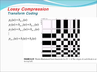 )()()(
)()()(
)()()(
)()(
011
322
211
10
ububup
ububup
ububup
ubup
m
mm
mm
m
+=
+=
+=
=
−
−−
−−
−

Lossy Compression
Transform Coding
 