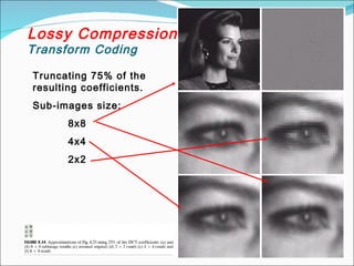 Lossy Compression
Transform Coding
Truncating 75% of the
resulting coefficients.
Sub-images size:
8x8
4x4
2x2
 