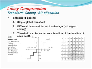 Lossy Compression
Transform Coding- Bit allocation
• Threshold coding
1. Single global threshold
2. Different threshold for each subimage (N-Largest
coding)
3. Threshold can be varied as a function of the location of
each coeff.
 