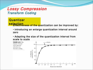 Lossy Compression
Transform Coding
Quantizer
selectionEffectiveness of the quantization can be improved by:
• introducing an enlarge quantization interval around
zero
• Adapting the size of the quantization interval from
scale to scale
 