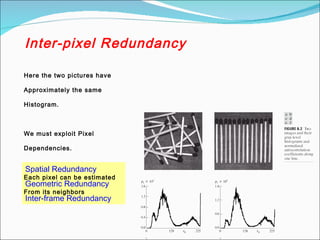Inter-pixel Redundancy
Spatial Redundancy
Geometric Redundancy
Inter-frame Redundancy
Here the two pictures have
Approximately the same
Histogram.
We must exploit Pixel
Dependencies.
Each pixel can be estimated
From its neighbors
 
