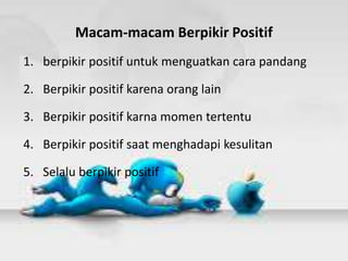Macam-macam Berpikir Positif
1. berpikir positif untuk menguatkan cara pandang
2. Berpikir positif karena orang lain
3. Berpikir positif karna momen tertentu
4. Berpikir positif saat menghadapi kesulitan
5. Selalu berpikir positif
 