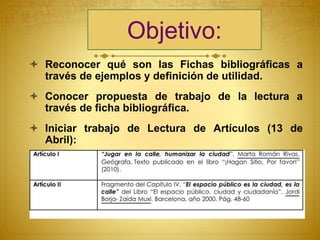 Objetivo:
Reconocer qué son las Fichas bibliográficas a
través de ejemplos y definición de utilidad.
Conocer propuesta de trabajo de la lectura a
través de ficha bibliográfica.
Iniciar trabajo de Lectura de Artículos (13 de
Abril):