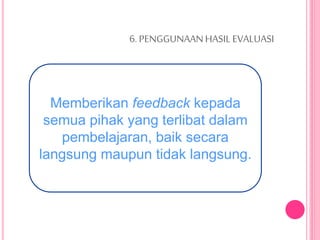 6.PENGGUNAANHASIL EVALUASI
Memberikan feedback kepada
semua pihak yang terlibat dalam
pembelajaran, baik secara
langsung maupun tidak langsung.
 