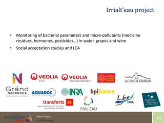 4/30/2015 23Alera Project
© 2015 Ecofilae
[23]
Irrialt’eau project
• Monitoring of bacterial parameters and micro-pollutants (medicine
residues, hormones, pesticides…) in water, grapes and wine
• Social acceptation studies and LCA
 