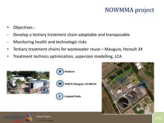 4/30/2015 25Alera Project
© 2015 Ecofilae
[25]
NOWMMA project
• Objectives :
- Develop a tertiary treatment chain adaptable and transposable
- Monitoring health and technologic risks
• Tertiary treatment chains for wastewater reuse – Mauguio, Herault 34
• Treatment technics optimisation, aspersion modelling, LCA
P
I Irrigated fields
Platform
WW WWTP, Mauguio, 24 000 EH
P
 