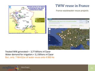 4/30/2015 5Alera Project
© 2015 Ecofilae
[5]
TWW reuse in France
France wastewater reuse projects
Treated WW generated = 3,77 Billions m3/year
Water demand for irrigation:= 3,1 Billions m3/year
But…only 7 Mm3/an of water reuse onto 4 000 Ha
 