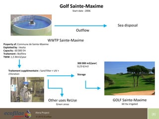 4/30/2015 8Alera Project
© 2015 Ecofilae
[8]
WWTP Sainte-Maxime
Property of: Commune de Sainte-Maxime
Exploited by : Veolia
Capacity : 60 000 EH
Traitement : Biofiltre
TWW: 1,5 Mm3/year
GOLF Sainte-Maxime
60 Ha irrigated
Golf Sainte-Maxime
Start date : 2006
Outflow
Traitement supplémentaire : Sand filter + UV +
chloration
Other uses ReUse
Green areas
300 000 m3/year)
0,23 €/m3
Sea disposal
Storage
 
