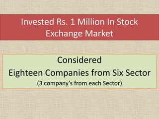 Invested Rs. 1 Million In Stock
Exchange Market
Considered
Eighteen Companies from Six Sector
(3 company’s from each Sector)