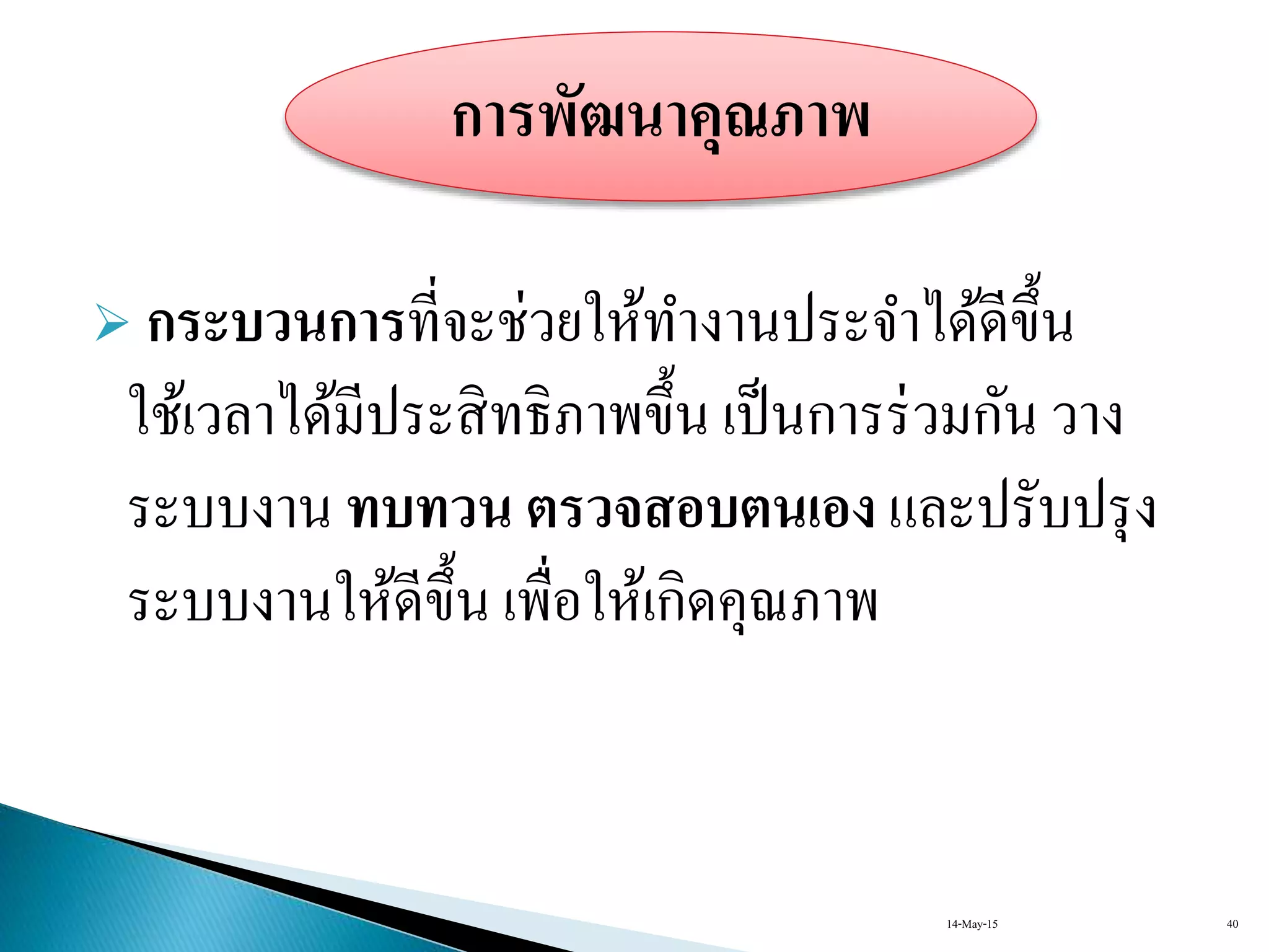  กระบวนการที่จะช่วยให้ทำงำนประจำได้ดีขึ้น
ใช้เวลำได้มีประสิทธิภำพขึ้น เป็นกำรร่วมกัน วำง
ระบบงำน ทบทวน ตรวจสอบตนเอง และปรับปรุง
ระบบงำนให้ดีขึ้น เพื่อให้เกิดคุณภำพ
การพัฒนาคุณภาพ
14-May-15 40
 
