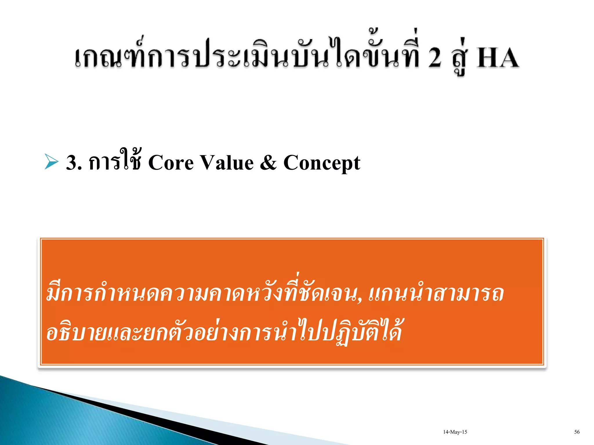  3. การใช้ Core Value & Concept
มีการกาหนดความคาดหวังที่ชัดเจน, แกนนาสามารถ
อธิบายและยกตัวอย่างการนาไปปฏิบัติได้
14-May-15 56
 
