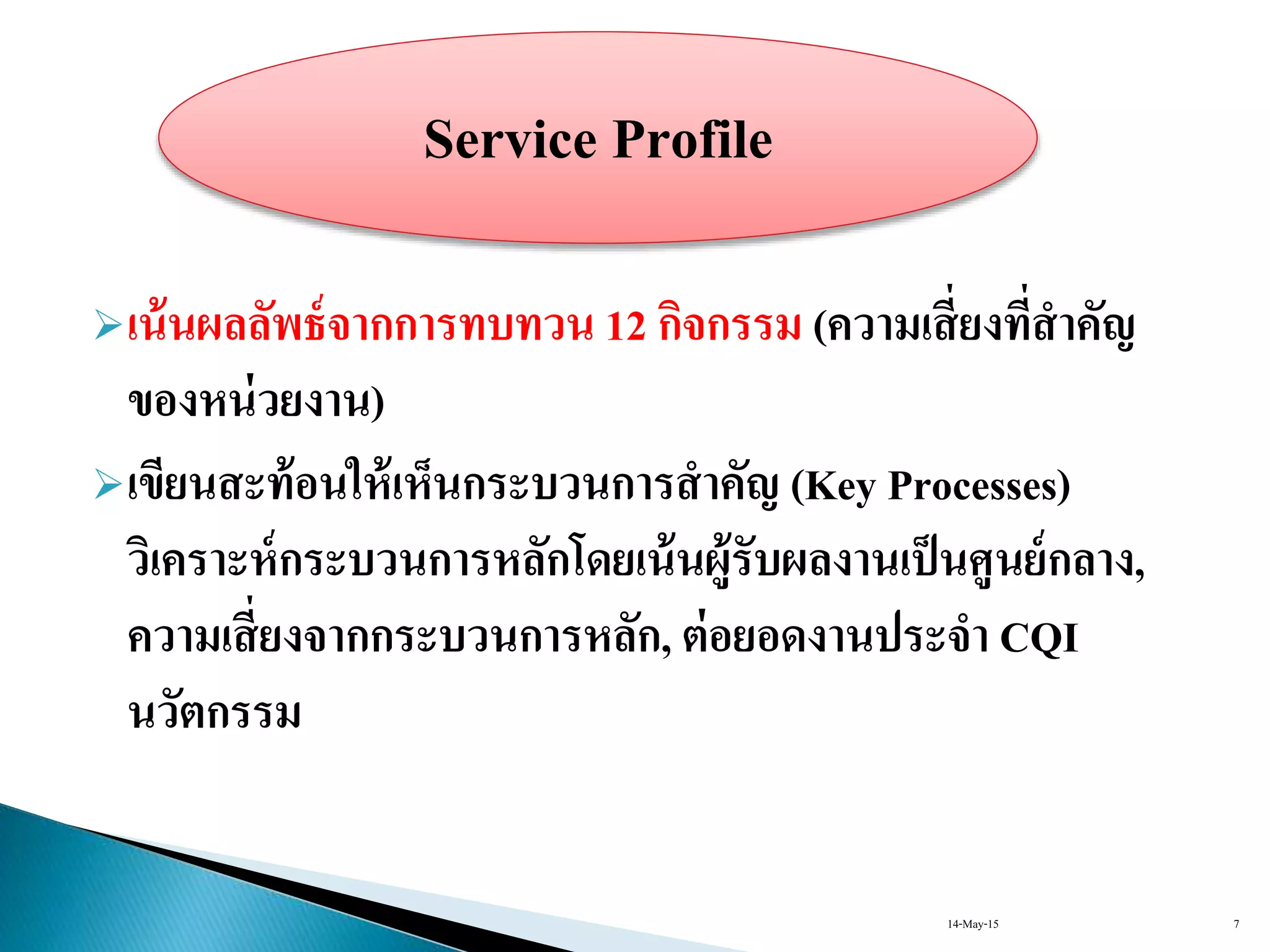 เน้นผลลัพธ์จากการทบทวน 12 กิจกรรม (ความเสี่ยงที่สาคัญ
ของหน่วยงาน)
เขียนสะท้อนให้เห็นกระบวนการสาคัญ (Key Processes)
วิเคราะห์กระบวนการหลักโดยเน้นผู้รับผลงานเป็นศูนย์กลาง,
ความเสี่ยงจากกระบวนการหลัก, ต่อยอดงานประจา CQI
นวัตกรรม
Service Profile
14-May-15 7
 