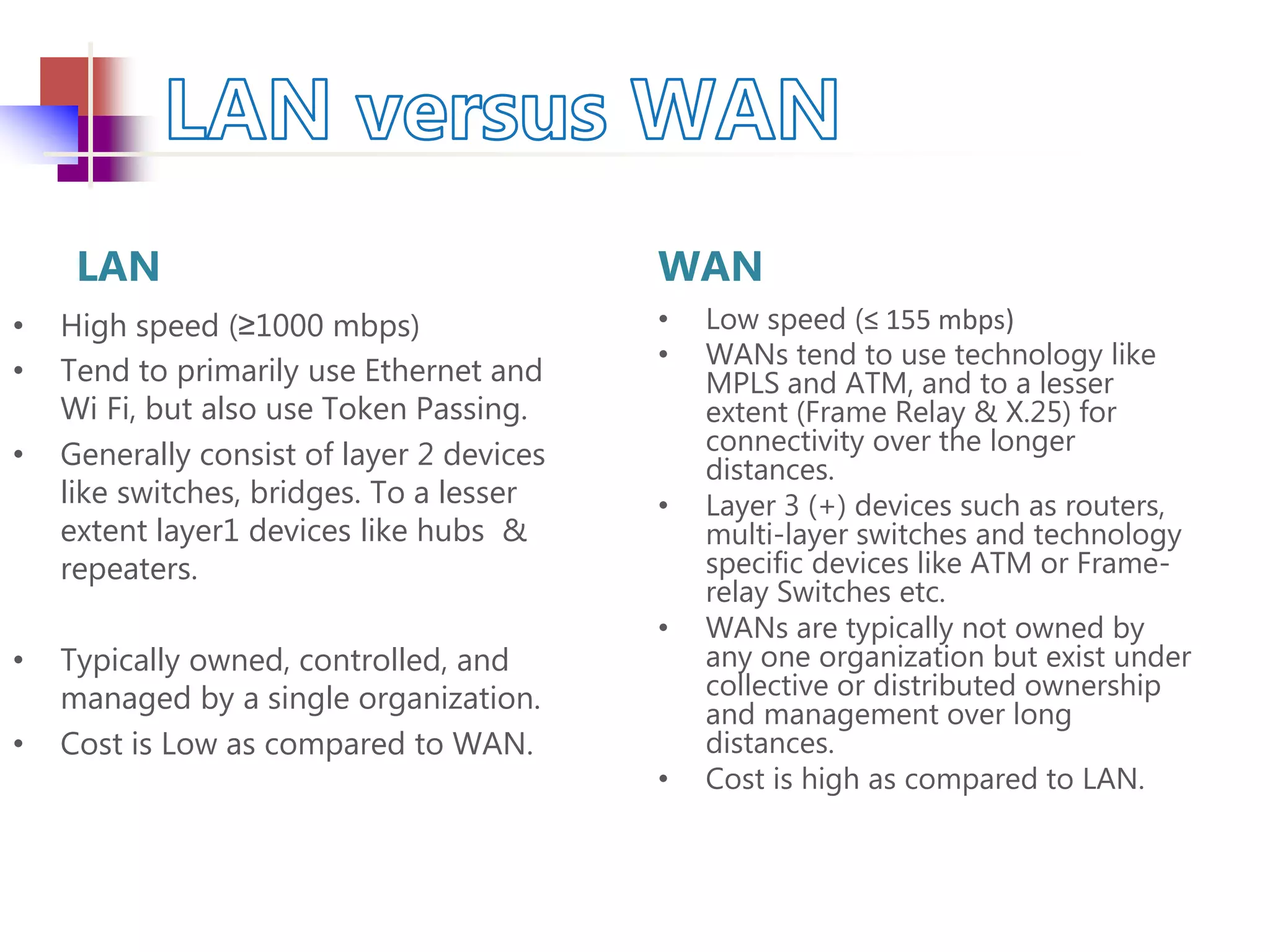 LAN
• High speed (≥1000 mbps)
• Tend to primarily use Ethernet and
Wi Fi, but also use Token Passing.
• Generally consist of layer 2 devices
like switches, bridges. To a lesser
extent layer1 devices like hubs &
repeaters.
• Typically owned, controlled, and
managed by a single organization.
• Cost is Low as compared to WAN.
WAN
• Low speed (≤ 155 mbps)
• WANs tend to use technology like
MPLS and ATM, and to a lesser
extent (Frame Relay & X.25) for
connectivity over the longer
distances.
• Layer 3 (+) devices such as routers,
multi-layer switches and technology
specific devices like ATM or Frame-
relay Switches etc.
• WANs are typically not owned by
any one organization but exist under
collective or distributed ownership
and management over long
distances.
• Cost is high as compared to LAN.
 