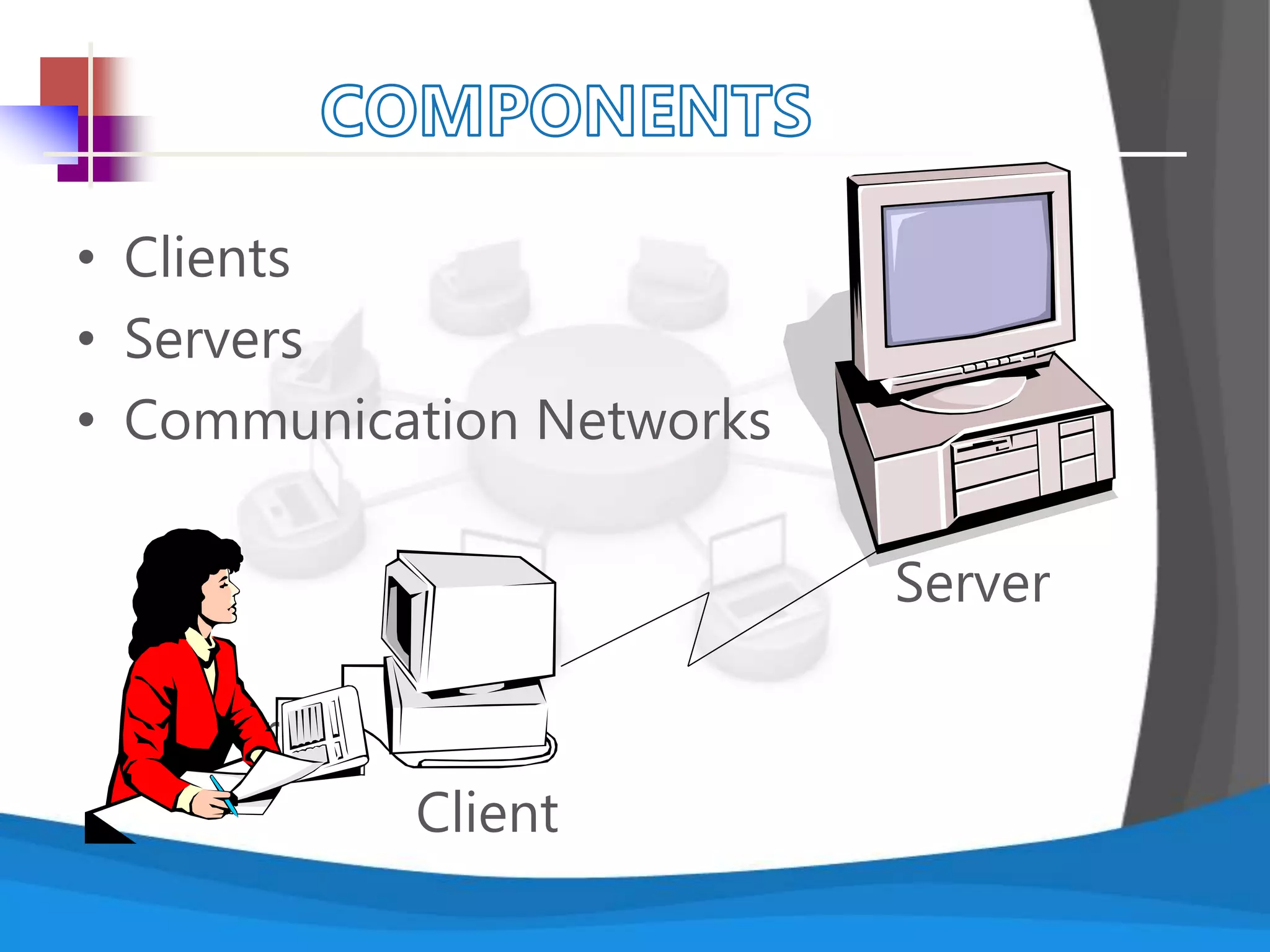 • Clients
• Servers
• Communication Networks
Server
Server
Client
 