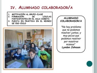 IV. ALUMNADO COLABORADOR/A
ALUMNADO
COLABORADOR/A
"No hay problema
que no podamos
resolver juntos, y
muy pocos que
podamos resolver
por nosotros
mismos"
Lyndon Johnson
1. MOTIVACIÓN AL GRUPO-CLASE
2. FORMACIÓN DE LOS/LAS
PARTICIPANTES EN EL AULA COMETA
3. PUESTA EN PRÁCTICA EN EL RECREO
DE 2DO CICLO
 