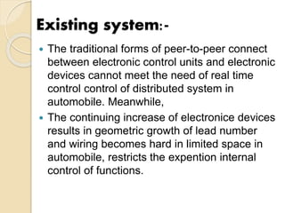 Existing system:-
 The traditional forms of peer-to-peer connect
between electronic control units and electronic
devices cannot meet the need of real time
control control of distributed system in
automobile. Meanwhile,
 The continuing increase of electronice devices
results in geometric growth of lead number
and wiring becomes hard in limited space in
automobile, restricts the expention internal
control of functions.
 