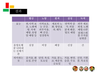 결과
빨강 노랑 흰색 검정 녹색
효능 위,시력 보
호, 노화예
방, 치매
예방 ,유방
암 예방 등
시력보호,
눈 건강,
피부미용,
뼈 건강,
성장발육
세포의 노
화, 항암효
과, 해독
면역력 증
가, 피를
맑게 해줌,
탈모 예방
피부 세포
재생, 노화
예방,나쁜
콜레스테
롤 수치를
낮춰줌
음양오행
중 나타내
는 신체기
관
심장 비장 폐장 신장 간
의미하는
것
즐거움, 화
요일, 쓴맛
단맛, 욕심,
토요일
가을, 분노,
코, 매운맛,
금요일
겨울, 짠맛,
슬픔, 수요
일
신맛, 기쁨,
봄, 목요일
 