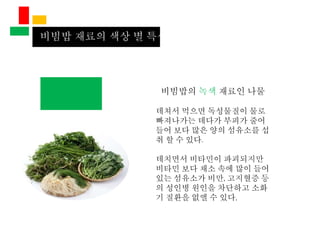 비빔밥 재료의 색상 별 특성
비빔밥의 녹색 재료인 나물
데쳐서 먹으면 독성물질이 물로
빠져나가는 데다가 부피가 줄어
들어 보다 많은 양의 섬유소를 섭
취 할 수 있다.
데치면서 비타민이 파괴되지만
비타민 보다 채소 속에 많이 들어
있는 섬유소가 비만, 고지혈증 등
의 성인병 원인을 차단하고 소화
기 질환을 없앨 수 있다.
 