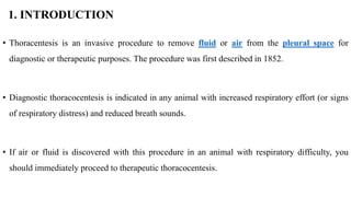1. INTRODUCTION
• Thoracentesis is an invasive procedure to remove fluid or air from the pleural space for
diagnostic or therapeutic purposes. The procedure was first described in 1852.
• Diagnostic thoracocentesis is indicated in any animal with increased respiratory effort (or signs
of respiratory distress) and reduced breath sounds.
• If air or fluid is discovered with this procedure in an animal with respiratory difficulty, you
should immediately proceed to therapeutic thoracocentesis.
 