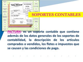 SOPORTES CONTABLES
FACTURA: es un soporte contable que contiene
además de los datos generales de los soportes de
contabilidad, la descripción de los artículos
comprados o vendidos, los fletes e impuestos que
se causen y las condiciones de pago.
 