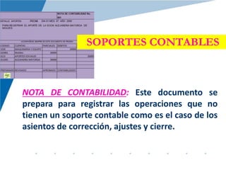 SOPORTES CONTABLES
NOTA DE CONTABILIDAD: Este documento se
prepara para registrar las operaciones que no
tienen un soporte contable como es el caso de los
asientos de corrección, ajustes y cierre.
 