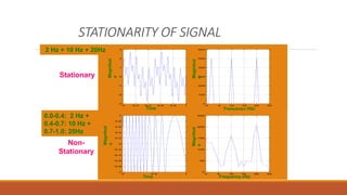 STATIONARITY OF SIGNAL
0 0.2 0.4 0.6 0.8 1
-3
-2
-1
0
1
2
3
0 5 10 15 20 25
0
100
200
300
400
500
600
TimeMagnitud
e
Magnitud
e
Frequency (Hz)
2 Hz + 10 Hz + 20Hz
Stationary
0 0.5 1
-1
-0.8
-0.6
-0.4
-0.2
0
0.2
0.4
0.6
0.8
1
0 5 10 15 20 25
0
50
100
150
200
250
Time
Magnitud
e
Magnitud
e
Frequency (Hz)
Non-
Stationary
0.0-0.4: 2 Hz +
0.4-0.7: 10 Hz +
0.7-1.0: 20Hz
 