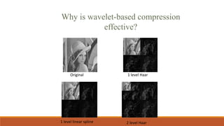 1 level Haar
1 level linear spline 2 level Haar
Original
Why is wavelet-based compression
effective?
 