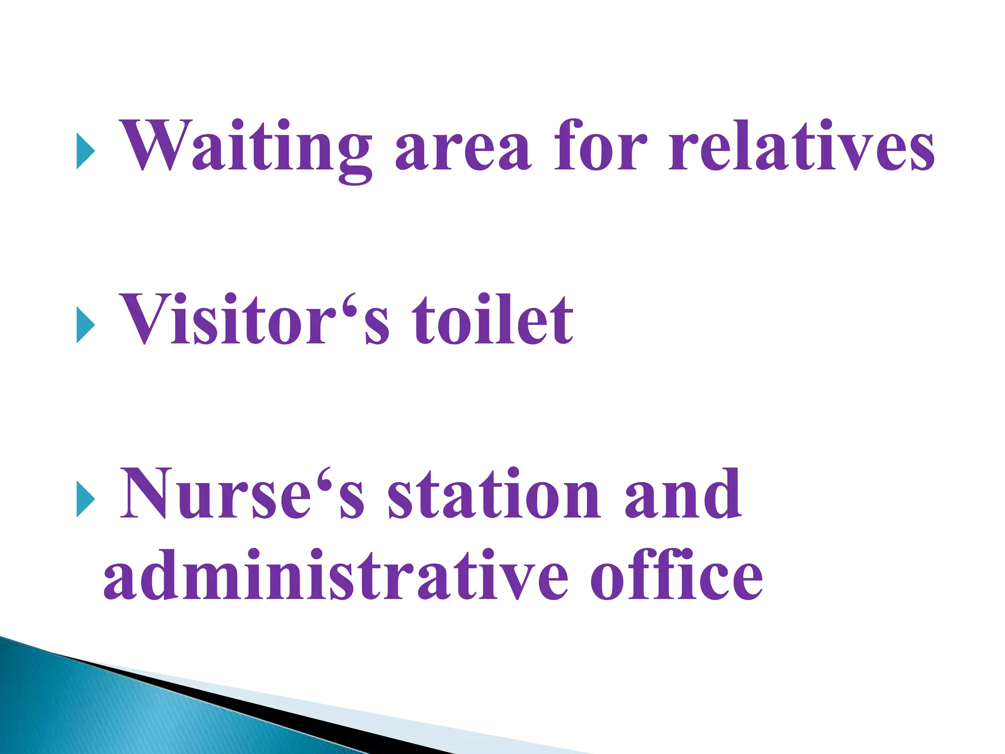  Waiting area for relatives
Visitor‘s toilet
Nurse‘s station and
administrative office