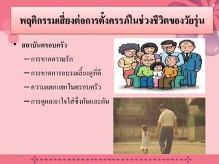 พฤติกรรมเสี่ยงต่อการตั้งครรภ์ในช่วงชีวิตของวัยรุ่น
• สถาบันครอบครัว
–การขาดความรัก
–การขาดการอบรมเลี้ยงดูที่ดี
–ความแตกแยกในครอบครัว
–การดูแลเอาใจใส่ซึ่งกันและกัน
20/08/58 23
 