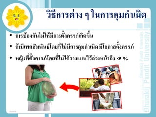 วิธีการต่าง ๆ ในการคุมกําเนิด
• การป้องกันไม่ให้มีการตั้งครรภ์เกิดขึ้น
• ถ้ามีเพศสัมพันธ์โดยที่ไม่มีการคุมกําเนิด มีโอกาสตั้งครรภ์
• หญิงที่ตั้งครรภ์โดยที่ไม่ได้วางแผนไว้ล่วงหน้าถึง 85 %
20/08/58 13
 