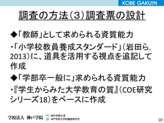調査の方法（３）調査票の設計
◆「教師」として求められる資質能力
・「小学校教員養成スタンダード」（岩田ら，
2013）に、道具を活用する視点を追記して
作成
◆「学部卒一般に」求められる資質能力
・『学生からみた大学教育の質』（COE研究
シリーズ18）をベースに作成
10
 