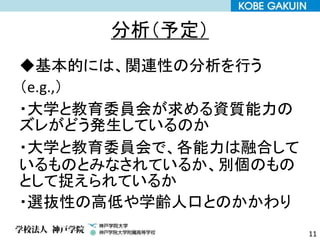分析（予定）
◆基本的には、関連性の分析を行う
（e.g.,）
・大学と教育委員会が求める資質能力の
ズレがどう発生しているのか
・大学と教育委員会で、各能力は融合して
いるものとみなされているか、別個のもの
として捉えられているか
・選抜性の高低や学齢人口とのかかわり
11
 