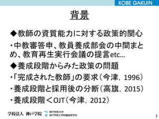 背景
◆教師の資質能力に対する政策的関心
・中教審答申、教員養成部会の中間まと
め、教育再生実行会議の提言etc…
◆養成段階からみた政策の問題
・「完成された教師」の要求（今津，1996）
・養成段階と採用後の分断（高旗，2015）
・養成段階＜OJT（今津，2012）
3
 