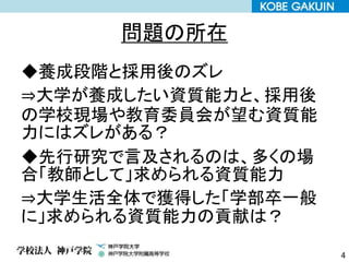問題の所在
◆養成段階と採用後のズレ
⇒大学が養成したい資質能力と、採用後
の学校現場や教育委員会が望む資質能
力にはズレがある？
◆先行研究で言及されるのは、多くの場
合「教師として」求められる資質能力
⇒大学生活全体で獲得した「学部卒一般
に」求められる資質能力の貢献は？
4
 