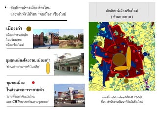 แผนที่การใช้ประโยชน์ที่ดินปี 2553
ที่มา: สานักงานพัฒนาที่ดินจังเชียงใหม่
• อัตลักษณ์ของเมืองเชียงใหม่
และมโนทัศน์ตัวตน ”คนเมือง” เชียงใหม่
เมืองเก่า
เมืองเก่าขนาดเล็ก
ในปริมณฑล
เมืองเชียงใหม่
ชุมชนเมืองโดยรอบเมืองเก่า
“ย่ำนเก่ำ ย่ำนกำรค้ำในอดีต”
“ย่ำนที่อยู่อำศัยสมัยใหม่
และ CBTขนำดหย่อมตำมจุดถนน”
ชุมชนเมือง
ในส่วนเขตการขยายตัว
อัตลักษณ์เมืองเชียงใหม่
( ด้านกายภาพ )
 