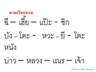นามเรียกขาน
ฉี – เฮี้ย – แป๊ ะ - ชิก
บัง – โตะ - หวะ – ยี - โตะ
หนัง
บ่าว – หลวง – เณร – เจ้า
สไลด์โดยคุณวุฒิชัย เพ็ชรสุวรรณ
 
