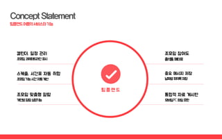 캘린더, 일정 관리
스케줄, 시간표 자동 취합
조모임가능시간자동계산
조모임 맞춤형 알람
조모임 참여도
중요 메시지 저장
통합적 자료 게시판
모바일,PC파일호환
 