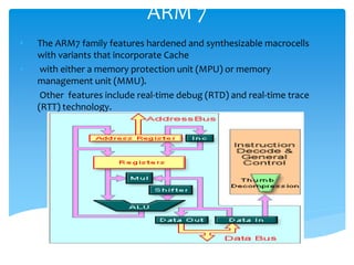 ARM 7
• The ARM7 family features hardened and synthesizable macrocells
with variants that incorporate Cache
• with either a memory protection unit (MPU) or memory
management unit (MMU).
• Other features include real-time debug (RTD) and real-time trace
(RTT) technology.
 