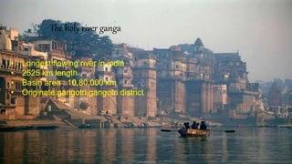 The holy river ganga
• Longest flowing river in india
• 2525 km length
• Basin area : 10,80,000 km
• Originate:gangotri,gangotri district
 