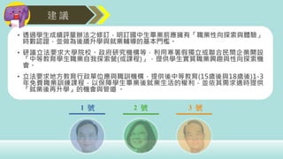 建 議
1 號 2 號 3 號
• 透過學生成績評量辦法之修訂，明訂國中生畢業前應擁有「職業性向探索與體驗」
時數認證，並做為後續升學與就業輔導的基本門檻。
• 研議立法要求大學院校、政府研究機構等，利用寒暑假獨立或聯合民間企業開設
「中等教育學生職業自我探索營(或課程)」，提供學生實質職業興趣與性向探索機
會。
• 立法要求地方教育行政單位應與職訓機構，提供後中等教育(15歲後與18歲後)1-3
年免費職業訓練課程，以保障學生畢業後就業生活的權利，並依其需求適時提供
「就業後再升學」的機會與管道 。
 