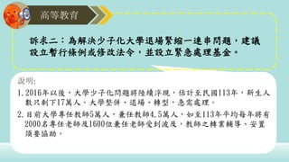 高等教育
說明:
1.2016年以後，大學少子化問題將陸續浮現，估計至民國113年，新生人
數只剩下17萬人。大學整併、退場、轉型，急需處理。
2.目前大學專任教師5萬人，兼任教師4.5萬人，如至113年平均每年將有
2000名專任老師及1600位兼任老師受到波及，教師之轉業輔導、安置
須要協助。
訴求二：為解決少子化大學退場緊縮一連串問題，建議
設立暫行條例或修改法令，並設立緊急處理基金。
 