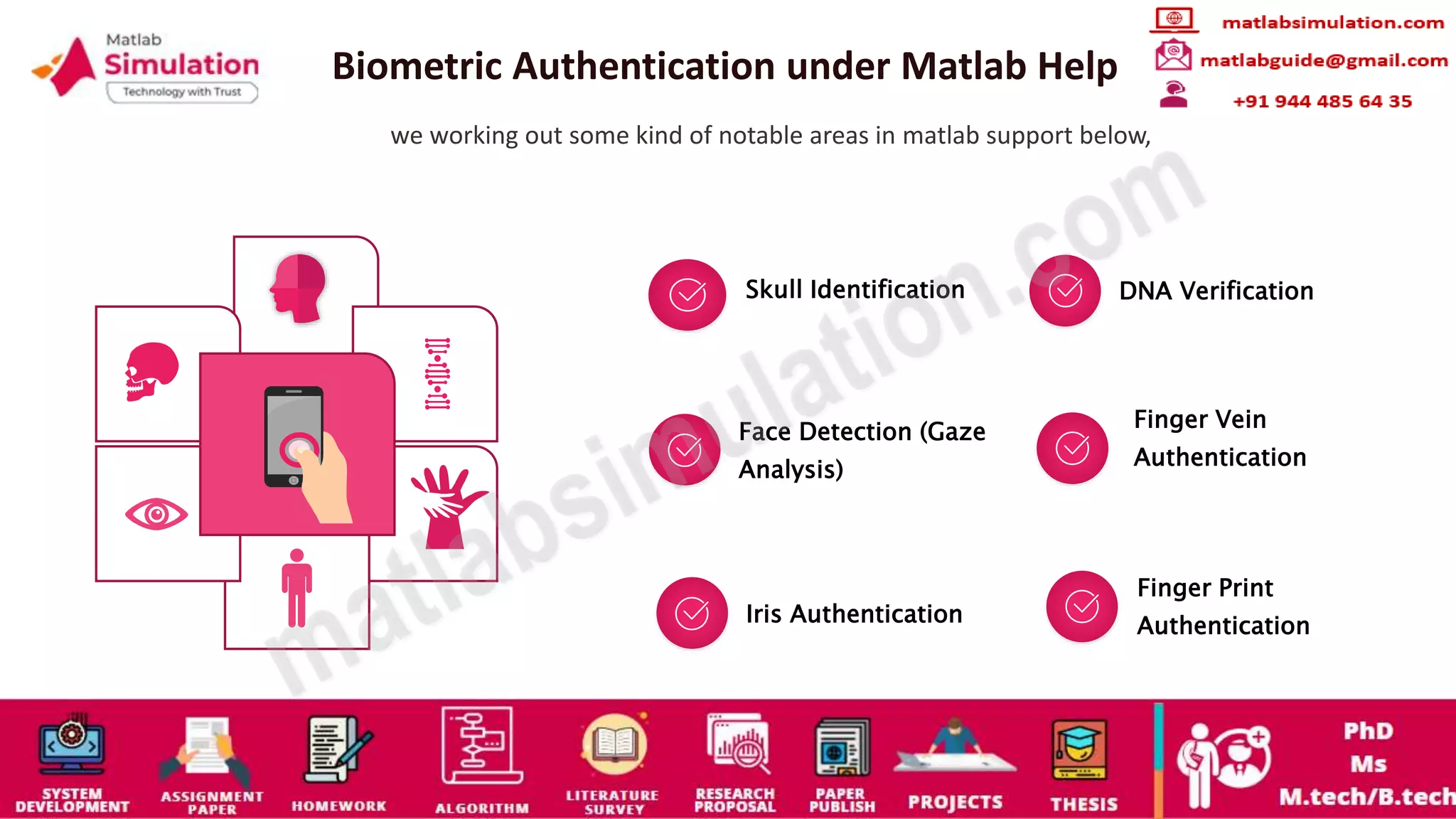 Biometric Authentication under Matlab Help
we working out some kind of notable areas in matlab support below,
Skull Identification DNA Verification
Face Detection (Gaze
Analysis)
Finger Vein
Authentication
Iris Authentication
Finger Print
Authentication
 
