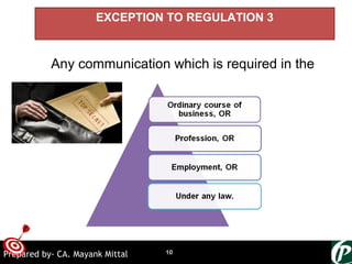 ONTARGET
EXCEPTION TO REGULATION 3
Any communication which is required in the
10Prepared by- CA. Mayank Mittal
 