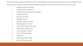 o With the necessary support of interfacing devices for signaling, measurement, control & correction a complete fail safe
PTA CNC base system can control literally all the parameters involved in the process which are listed as under
1. Plasma gas flow & pressure
2. Shield gas flow & pressure
3. Powder or Carrier gas flow & pressure
4. Gas pre flow time
5. Gas post flow time
6. Welding current
7. Welding voltage / Arc gap
8. Rotating speed of the job
9. Linear travel speed of the torch
10. Weld position of the torch
11. Torch oscillation width]
12. Torch oscillation speed
13. Dwell time
14. Weld current down slope
15. Powder flow down slope
 