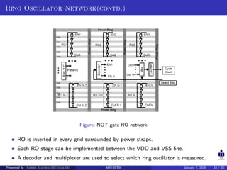 Ring Oscillator Network(contd.)
Figure: NOT gate RO network
RO is inserted in every grid surrounded by power straps.
Each RO stage can be implemented between the VDD and VSS line.
A decoder and multiplexer are used to select which ring oscillator is measured.
Presented by Ashish Maurya(2015vlsi-13) ABV-IIITM January 7, 2016 16 / 32
 