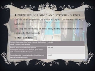  P R E M I S E S F O R S H O P A N D S T I T C H I N G U N I T
The size of the shop should be at least 800 Sq.ft i.e. 20 feet front and 40
feet depth.
The shop will be obtained on rental basis, and the rent estimation for such
a shop is Rs 56,000/month.
 Rent cost detail
Security for renting shop/outlet (Rent @ Rs.56,000per
month.3monthsrentassecurity)
1,68,000
Interior decoration (installing lighting,
mannequins,hanging racks, mirrors, glass panes,
cash counter,and other décor, etc.)
4,37,884
Security forrenting ahouseforinstallingthestitching unit
(Rent@Rs15,000permonth)
45,000
 