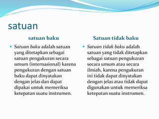 satuan
satuan baku Satuan tidak baku
 Satuan baku adalah satuan
yang ditetapkan sebagai
satuan pengukuran secara
umum (internasional) karena
pengukuran dengan satuan
baku dapat dinyatakan
dengan jelas dan dapat
dipakai untuk memeriksa
ketepatan suatu instrumen.
 Satuan tidak baku adalah
satuan yang tidak ditetapkan
sebagai satuan pengukuran
secara umum atau secara
ilmiah, karena pengukuran
ini tidak dapat dinyatakan
dengan jelas atau tidak dapat
digunakan untuk memeriksa
ketepatan suatu instrumen.
 