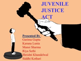 JUVENILE
JUSTICE
ACT
Presented By :
Garima Gupta
Karuna Lunia
Mansi Sharma
Riya Sethi
Shrishti Khandelwal
Siddhi Kothari
 