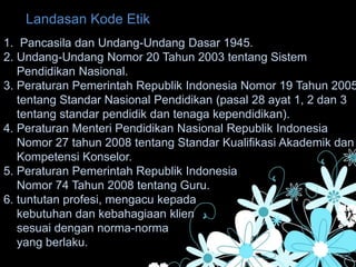 1. Pancasila dan Undang-Undang Dasar 1945.
2. Undang-Undang Nomor 20 Tahun 2003 tentang Sistem
Pendidikan Nasional.
3. Peraturan Pemerintah Republik Indonesia Nomor 19 Tahun 2005
tentang Standar Nasional Pendidikan (pasal 28 ayat 1, 2 dan 3
tentang standar pendidik dan tenaga kependidikan).
4. Peraturan Menteri Pendidikan Nasional Republik Indonesia
Nomor 27 tahun 2008 tentang Standar Kualifikasi Akademik dan
Kompetensi Konselor.
5. Peraturan Pemerintah Republik Indonesia
Nomor 74 Tahun 2008 tentang Guru.
6. tuntutan profesi, mengacu kepada
kebutuhan dan kebahagiaan klien
sesuai dengan norma-norma
yang berlaku.
Landasan Kode Etik
 